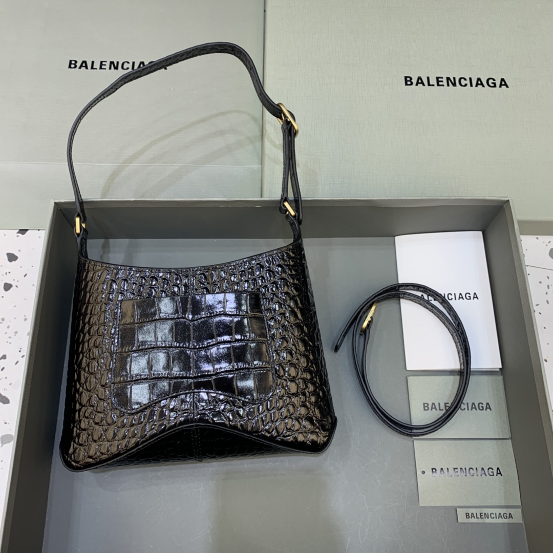 Balenciaga XX Small Hobo Flap Bag Crocodile Embossed Black